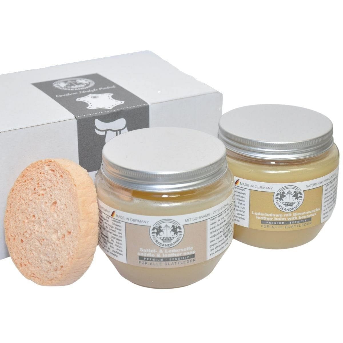 Lederbalsam mit echtem Bienenwachs und Sattelseife mit Schwamm SET - HORSEANDANGELS